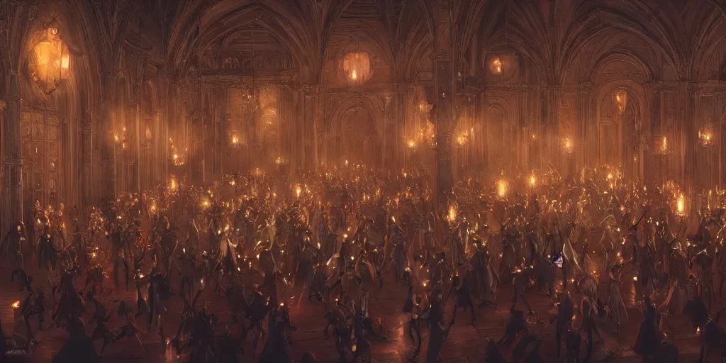 Prompt: beautiful render of a ballroom, unreal engine, many dancers, at night, medieval!!!!, very bright, artstation, detailled, manga!!!, fantasy!!!!!! by greg rutkowski