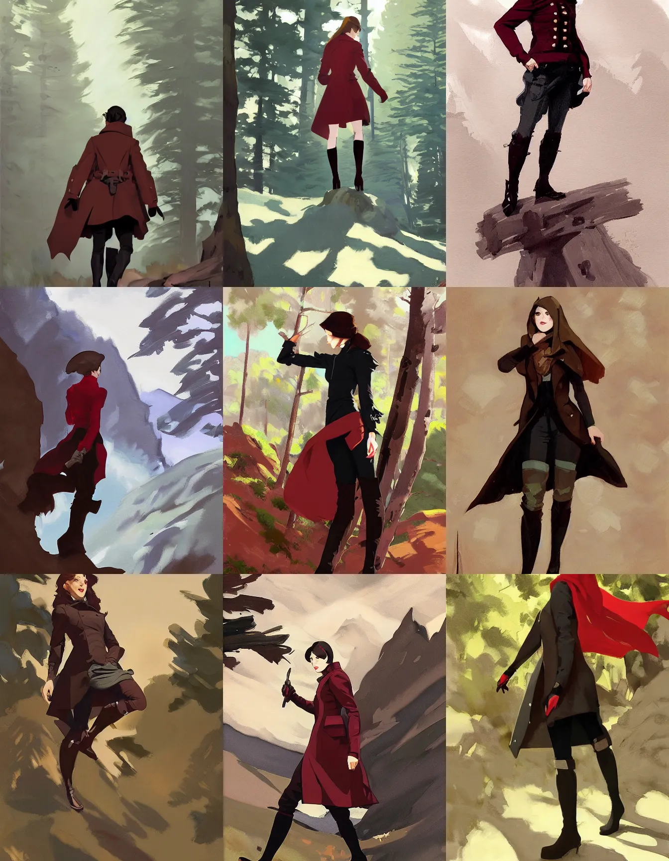 Prompt: black red brown cloth fabric jodhpurs knee high boots travel coat fashion, solo hiking in mountains trees, greg manchess painting by sargent and leyendecker, studio ghibli, fantasy, asymmetrical, intricate, elegant, matte painting, illustration, hearthstone, by greg rutkowski, by greg tocchini, by james gilleard, by joe fenton