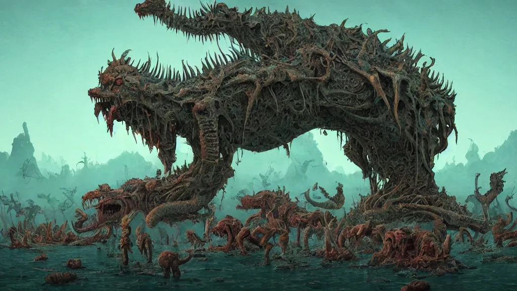 Image similar to the ancient manifestation of evil in a sea of rabid dogs, intricate, detailed, volumetric lighting, sharp focus, scenery, photorealism, digital painting, highly detailed, concept art, by roger dean and simon stalenhag and mark brooks