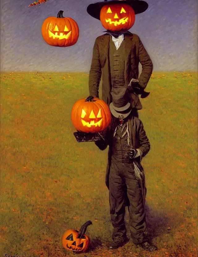 Image similar to a scarecrow with a jack - o - lantern head, holding a lantern, as a matte oil painting and d & d character art, by gustave caillebotte, standing, fullbody, flying bats, loose pages, concept art, award - winning, extremely detailed, sharp focus