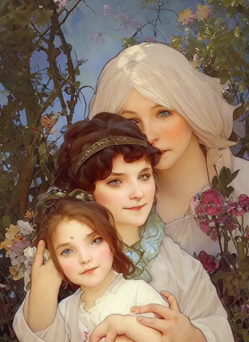 Prompt: a cute little girl with a round cherubic face, blue eyes, and short wavy light brown hair hugging her grandma, an old lady. beautiful painting by artgerm and greg rutkowski and alphonse mucha