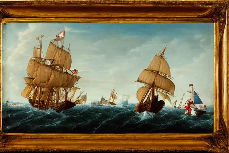 Image similar to an old 1 8 th century boat chasing a whale, the boat is filled with football players, the whale tail breaks the surface american oil painting in a frame