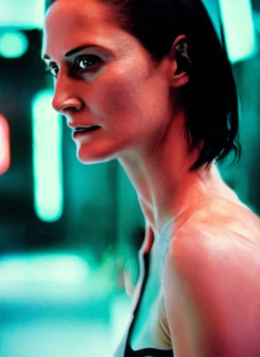 Prompt: A hyper realistic and detailed head portrait photography of Carrie-Anne Moss of The Matrix, on a futuristic street. by Annie Leibovitz. Neo noir style. Cinematic. neon lights glow in the background. Cinestill 800T film. Lens flare. Helios 44m