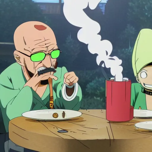 Image similar to walter white smoking a joint with jesse pinkman, in One Piece Anime Series, 4k Resolution.