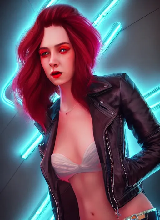 Image similar to pretty young woman with shoulder length shiny shimmering dark red hair and wearing a stuffed leather jacket with neon, path traced, highly detailed, high quality, digital painting, by cd projekt red, cyberpunk,