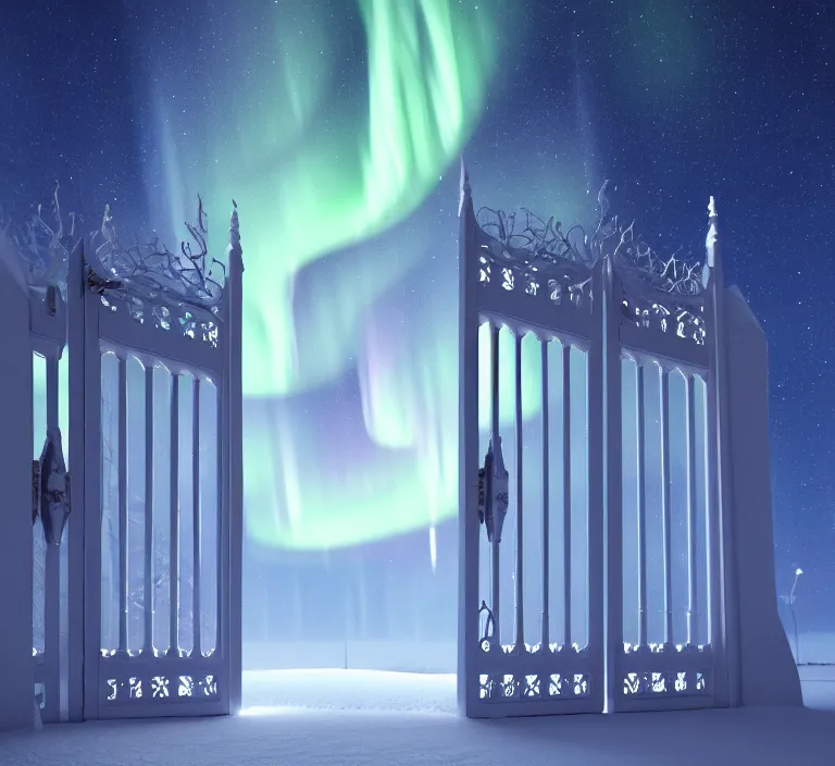 Image similar to a very detailed concept art of intricate and scandinavian white gates to aurora borealis infused with lights, trending on artstation, symmetry, digital art, 4 k, hyper realistic, octane render, sharp focus