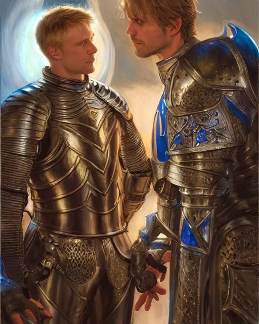 Image similar to attractive arthur pendragon confesses his love for his attractive male knight, highly detailed, very intricate, cinematic lighting, by donato giancola and rossdraws and magali villenueve, featured on artstation