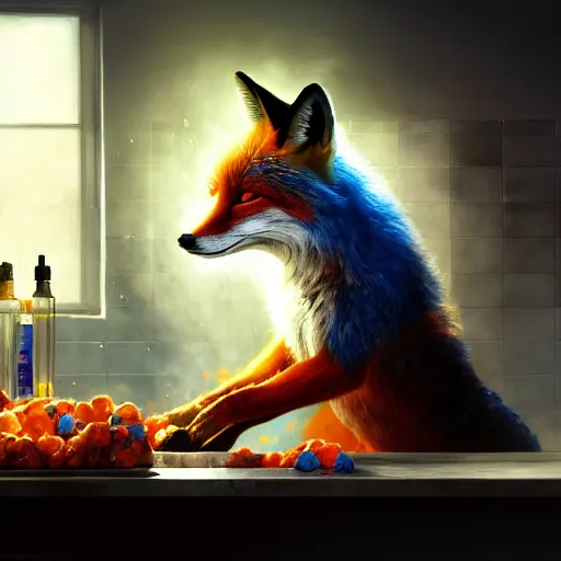 Prompt: a fox mixing chemicals in a kitchen, portrait, fantasy, beautiful face, vivid colors, elegant, concept art, sharp focus, digital art, Hyper-realistic, 4K, Unreal Engine, Highly Detailed, HD, Dramatic Lighting by Brom, trending on Artstation