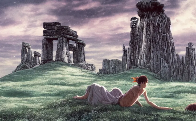 Image similar to movie still from princess mononoke ( 1 9 9 7 ) showing a highly detailed landscape with a giant long - haired buddha in lotus position with stonehenge in the background. 1 9 8 0 s science fiction, 1 9 7 0 s science fiction, cyberpunk, moody, misty, depth perception, 4 k, artstation