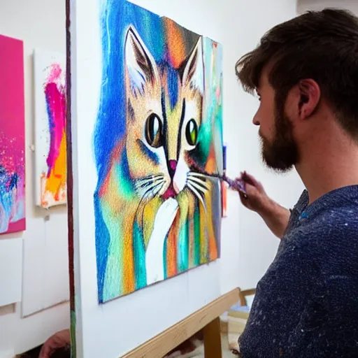 Prompt: An artist is standing in his studio furiously throwing paint around, in the background you can see numerous canvases with simple cat drawings