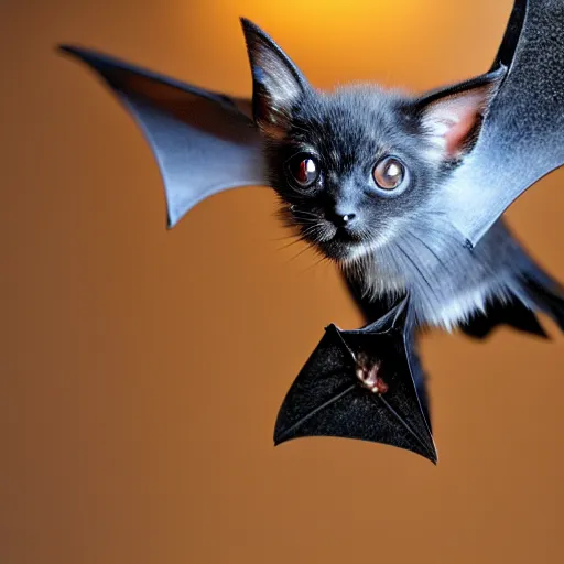 Prompt: bat kitten is flying in living room, photo taken by nikon, very detailed, 4k