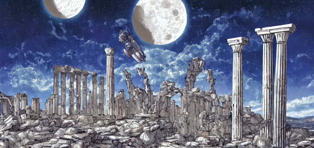 Image similar to The ruins of the Silver Millennium on the moon from Sailor Moon, digital painting, planet Earth in the distance, Greek-esque columns and ruins