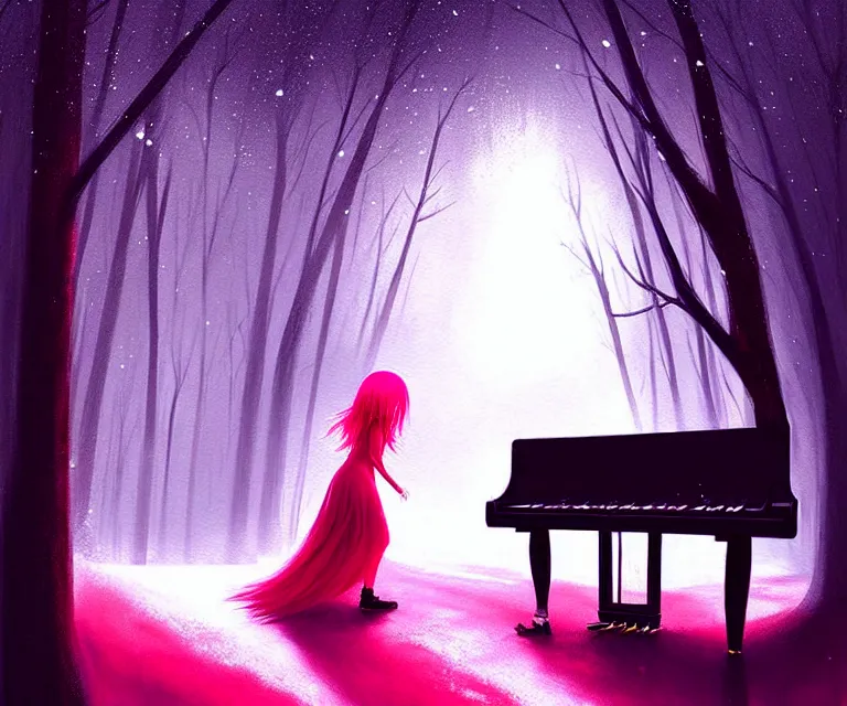 Image similar to a painting of a beautiful face gothic girl, pink hair in a stunning red dress playing a piano in the dark snowy forestby yoshitaka amano and alena aenami, cg society contest winner, retrofuturism, matte painting