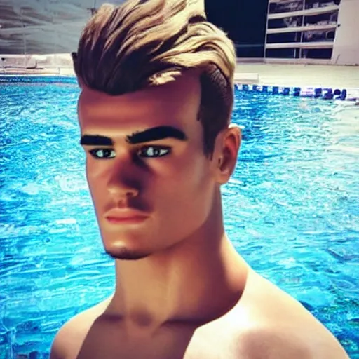 Prompt: “ a realistic detailed photo of a guy who is an attractive humanoid who is half robot and half humanoid, who is a male android, soccer player antoine griezmann, shiny skin, posing like a statue, blank stare, at the pool, on display ”