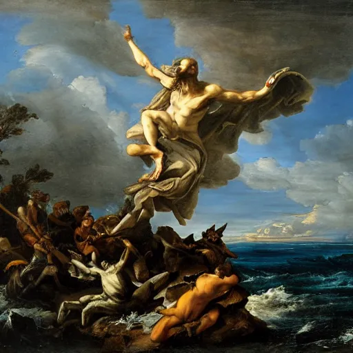 Prompt: between the devil and the deep blue sea by salvator rosa