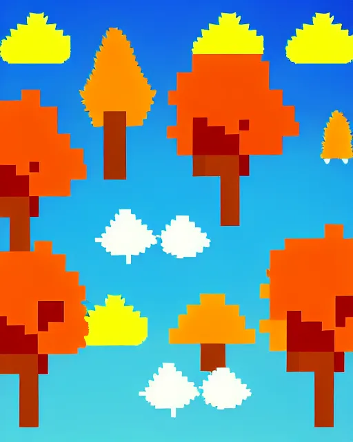 Image similar to 8 bit indie arcade game scene, blue sky with clouds, 2 8 different autumn trees with colored leaves, leaf fall.. details of the game trees, earth, clouds, sky background