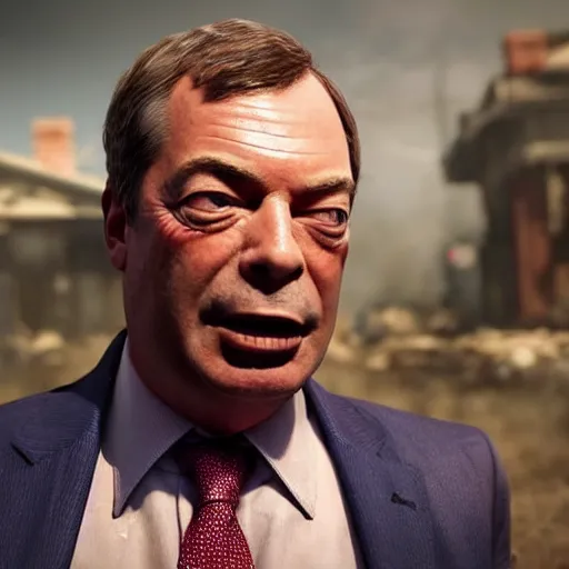 Image similar to Portrait of Nigel Farage in Gears of War, splash art, movie still, cinematic lighting, dramatic, octane render, long lens, shallow depth of field, bokeh, anamorphic lens flare, 8k, hyper detailed, 35mm film grain