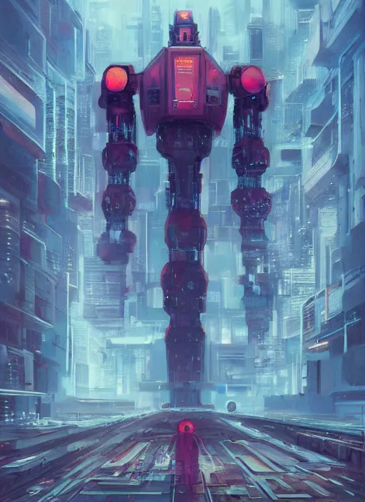 Image similar to a painting of a giant robot standing in front of a city, cyberpunk art by beeple art by james jean, behance contest winner, nuclear art, dystopian art, apocalypse art, sci - fi