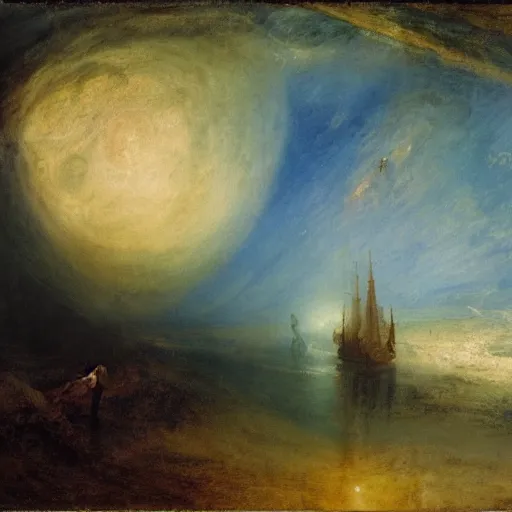 Prompt: a space expedition by william turner, by theodore gericault, by caspar david friedrich, oil painting, romantism, realism, limited palette