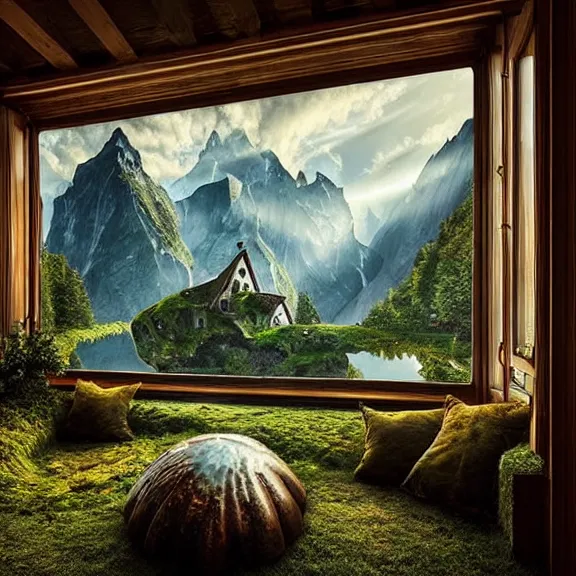 Image similar to fantastical living room with switzerland landscape in the window by marc adamus, beautiful dramatic lighting, overgrown with funghi, style by peter deligdisch, peterdraws