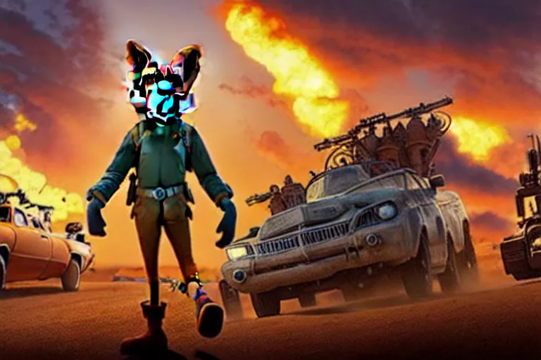 Image similar to nick wilde ( from zootopia ), heavily armed and armored facing down armageddon in a dark and gritty reboot from the makers of mad max : fury road