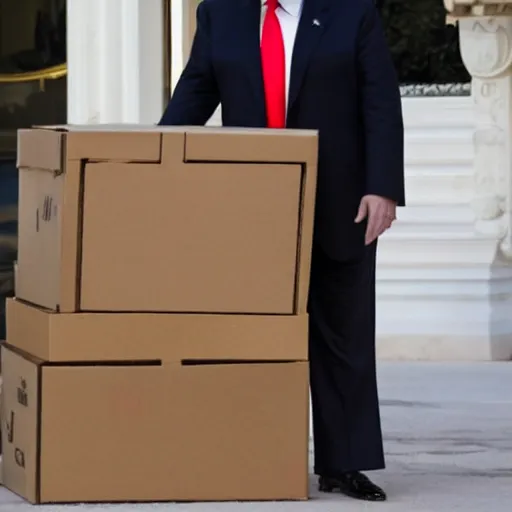 Image similar to donald trump leaving mar - a - lago with cardboard boxes, lego,