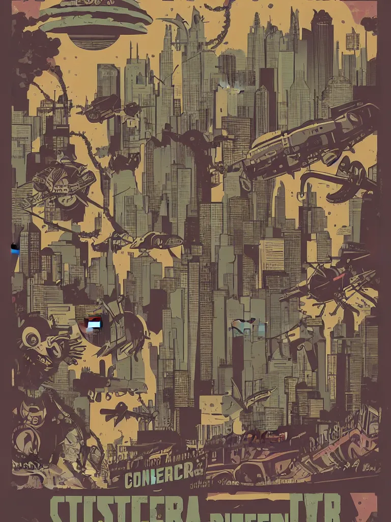 Image similar to tierra connor style poster illustration of a large retro science moster battle above the city, vintage muted colors, some grungy markings