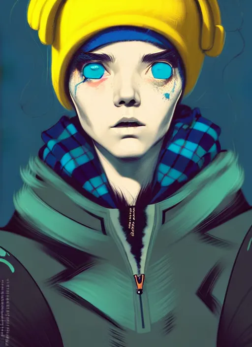 Prompt: highly detailed portrait of a sewer punk lady student, blue eyes, tartan hoody, hat, white hair by atey ghailan, by greg tocchini, by joe fenton, gradient yellow, black, brown and cyan color scheme, grunge aesthetic!!! ( ( graffiti tag wall ) )