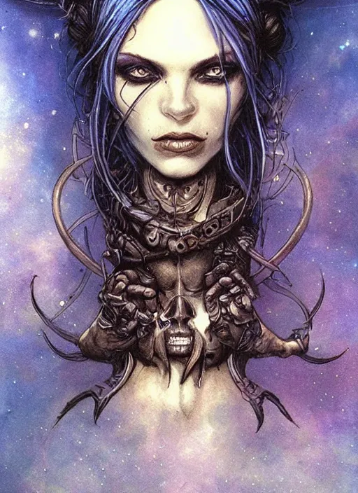 Image similar to portrait of female space pirate, night sky background, beautiful! coherent! by brom, by brian froud, deep color, strong line, high contrast