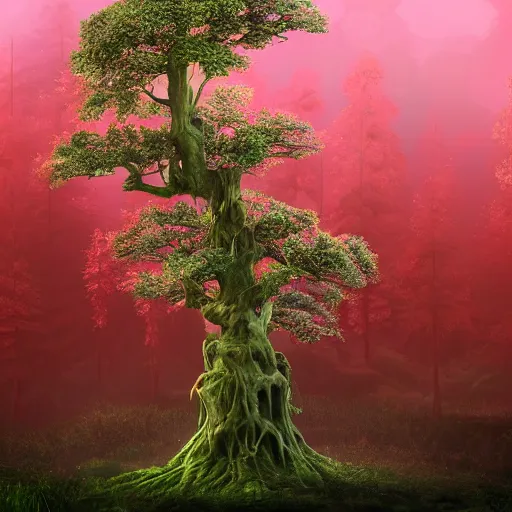 Prompt: fabulous, sombre, spectacular tree in a thickly vegetated forest, fantasy, dreamlike sunraise, ultra realistic, ultra detailed