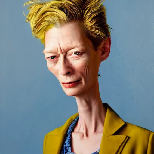 Image similar to an caricature of a young tilda swinton smoking a blunt, realistic oil painting by david levine, trending on art station, 4K