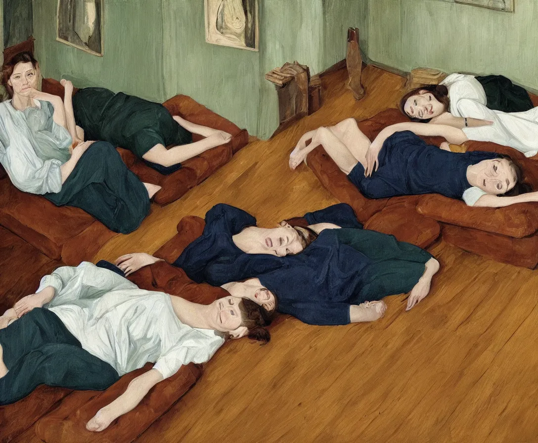 Image similar to portrait of two women lying horizontal, in an empty old english apartment with wooden floor on a brown leather sofa. one is wearing a dark blue sweather, the other a white shirt. brown hair, they are looking into the camera. wide shot. in the style of lucien freud. oil painting. green mood. isometric perspective