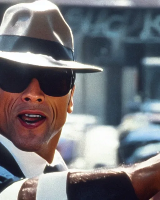 Prompt: film still close up shot of dwayne johnson in the movie the blues brothers. photographic, photography