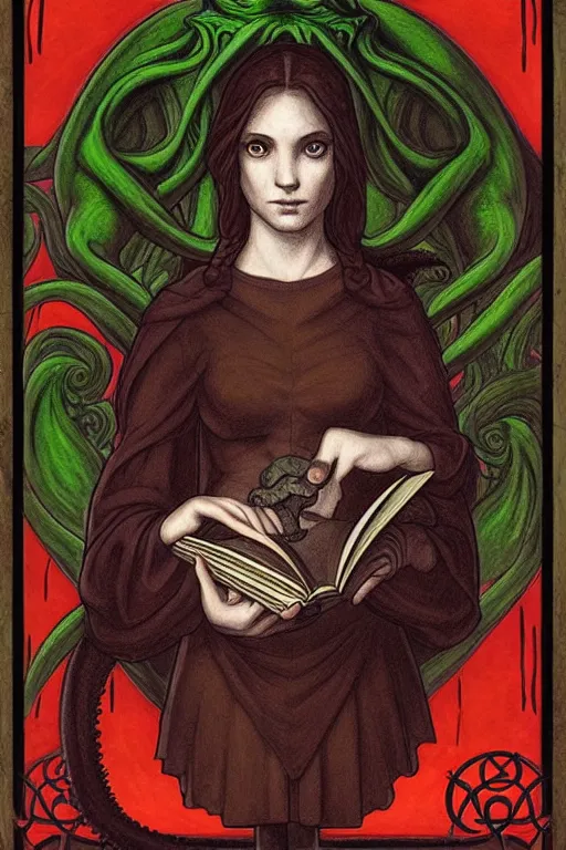 Image similar to raphael illustration of romantic girl, her cat and her book of necronomicon, symmetrical, cinematic, sharp focus, 4 k, ultra hd, sense of awe, sinister demonic atmosphere, dreadful, forbidden knowledge, old gods, cthulhu, yog - sothoth! yah, yah, yah! cultist journal cover