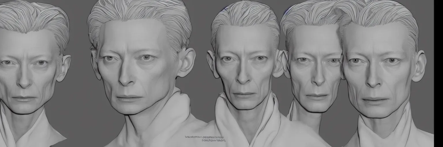 Prompt: male character study of tilda swinton, 2 0 2 2, clear faces, emotional, character sheet, fine details, concept design, contrast, kim jung gi, pixar and da vinci, trending on artstation, 8 k, full body and head, turnaround, front view, back view, ultra wide angle