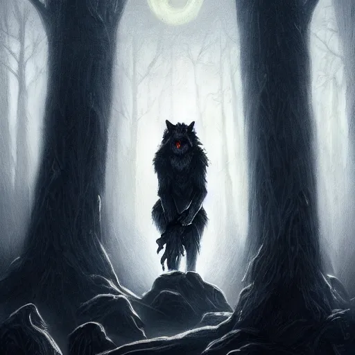 Prompt: Werewolf, Fantasy Illustration in the style of Mohrbacher, gothic artstyle, 4k masterpiece, Moody lighting with fog