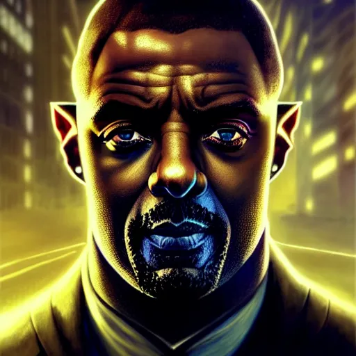 Image similar to portrait painting of a cyberpunk elven corporate boss idris elba, ultra realistic, concept art, intricate details, eerie, highly detailed, photorealistic, octane render, 8 k, unreal engine. art by artgerm and greg rutkowski and charlie bowater and magali villeneuve and alphonse mucha