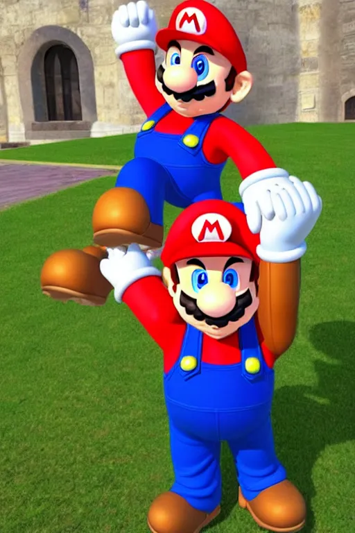 Image similar to super Mario with a purple shirt and yellow overalls