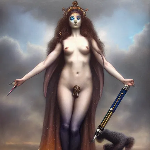 Image similar to the goddess of mechanical pencils, by tom bagshaw peter kemp