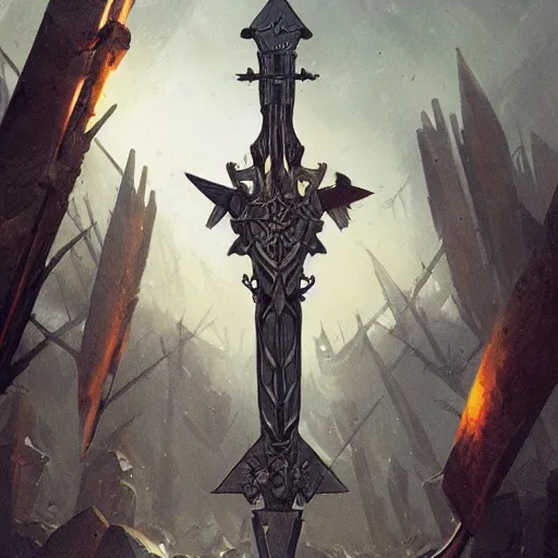 Image similar to valkyrie graveyard resembling the ace of swords tarot card by greg rutkowski