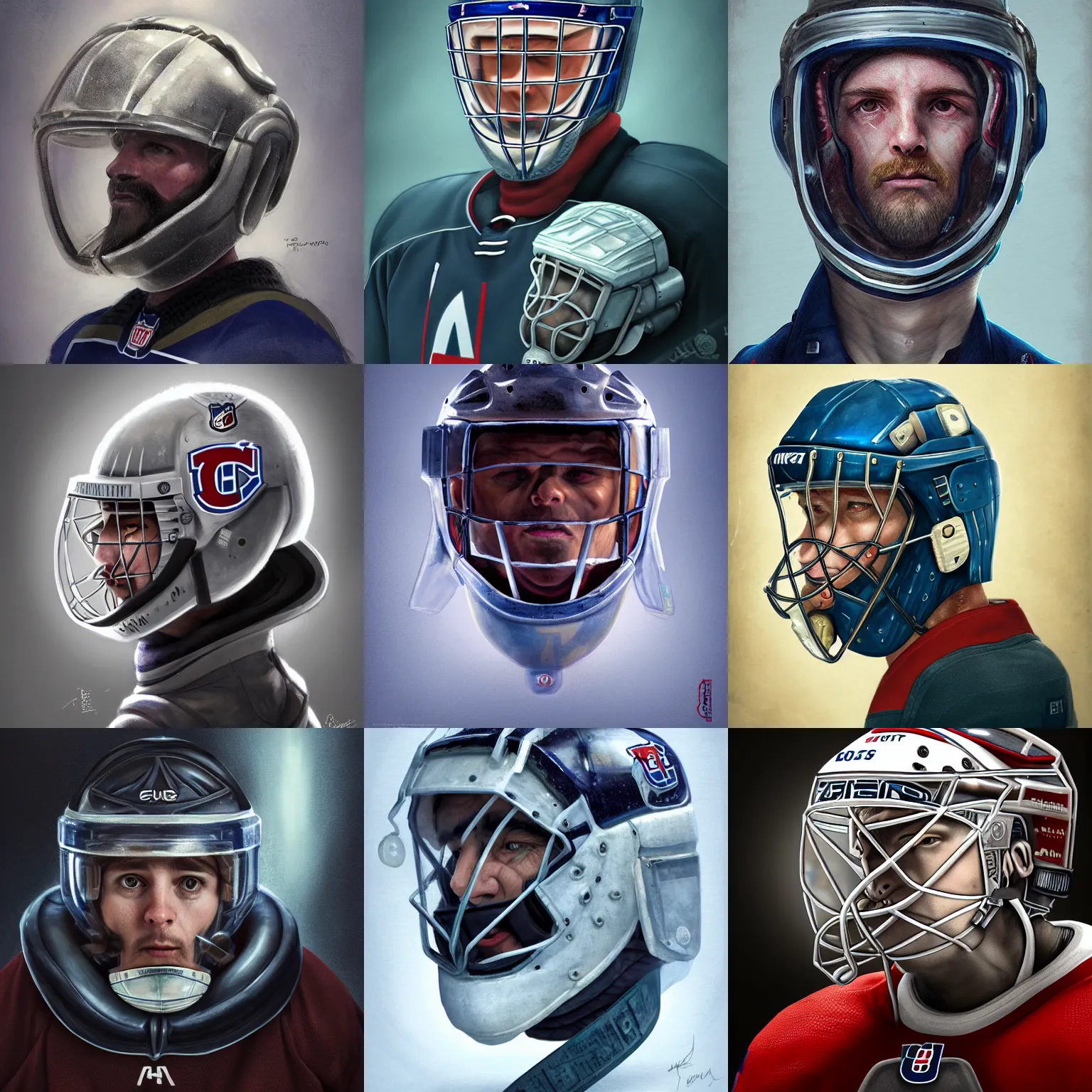 Prompt: portrait of Habs ice hockey player, scifi, helmet, heavy, modern, oxygen mask, concept art, bust portrait, Nekro, Tom Bagshaw, Craig Mullins, Thomas Jorion, ventail, exsokeleton, hyper realistic, hyper detailed, artstation trending, lots of nuance of detail in the dark