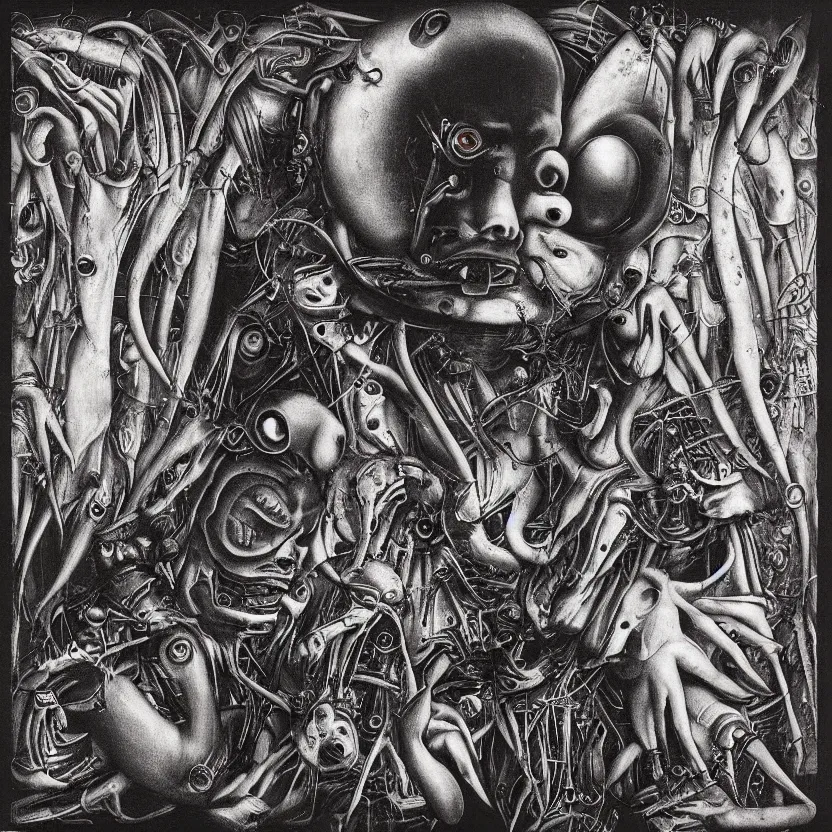 Image similar to post - punk pop techno new age album cover, asymmetrical design, alien? magic, apocalypse, psychedelic, highly detailed, black white pink, magic, giger h. r., giuseppe arcimboldo