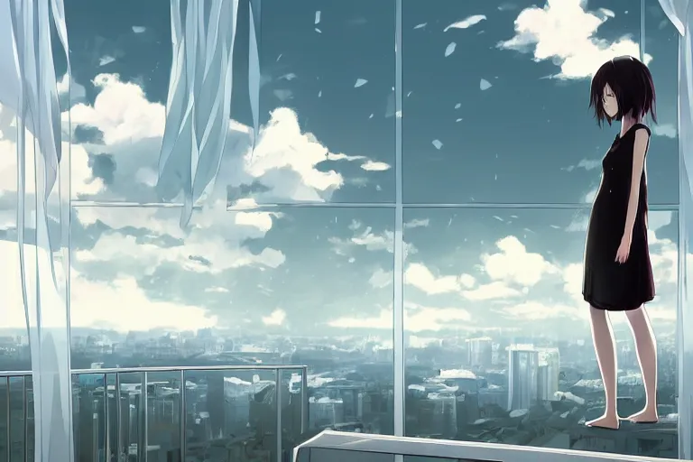 Prompt: white curtains, girl animated character, digital art, artwork, hd wallpaper, tal art artwork women cityscape balcony short hair barefoot anime anime girls night city guweiz rella one person adult indoors window sitting sky silhouette rear view architecture nature contemplation looking dark solitude transparent young adult looking at view skyscraper white curtains girl animated character