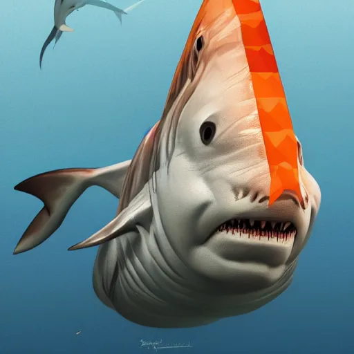 Image similar to great white shark, side view, with a silver and orange striped traffic cone on its dorsal fin - ron cheng & alphonse mucha, highly detailed, digital painting, ray tracing, concept art, illustration, smooth sharp focus, intricate, symmetry, artstation,