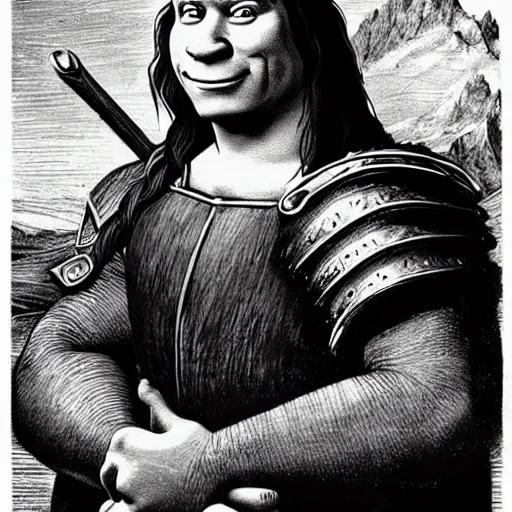 Image similar to shrek from shrek as a glorious devout shining powerful epic amazing awesome very handsome attractive muscular stylish knight in shining golden armor riding donkey, fantasy art, hyper detailed, extremely complex, hyper realistic, similar to the mona lisa, art by leonardo devinci