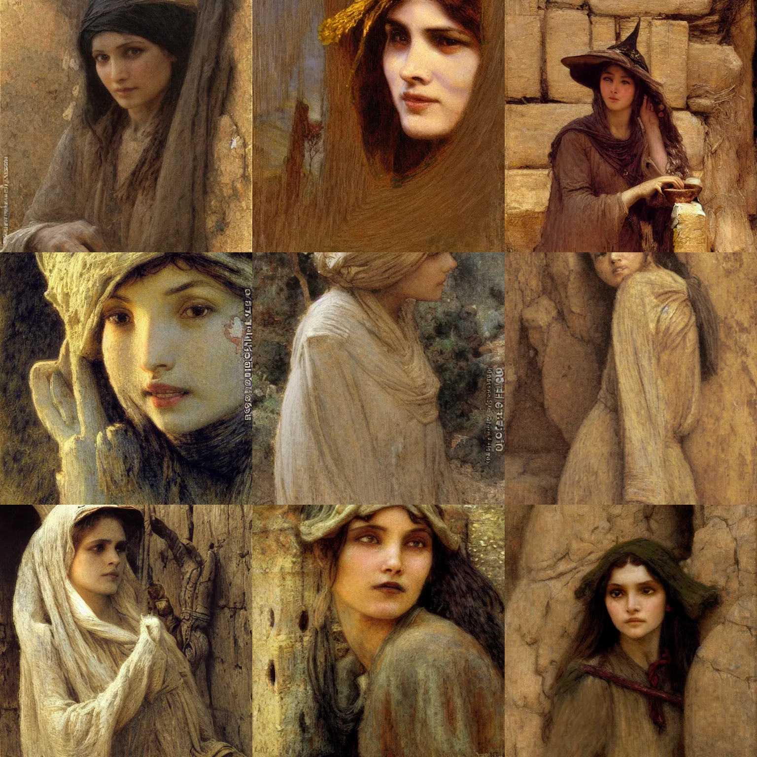 Prompt: orientalism cute witch standing in a sandstone ruin face detail by theodore ralli and jules bastien - lepage and and annie swynnerton, masterful intricate artwork, excellent lighting, high detail 8 k