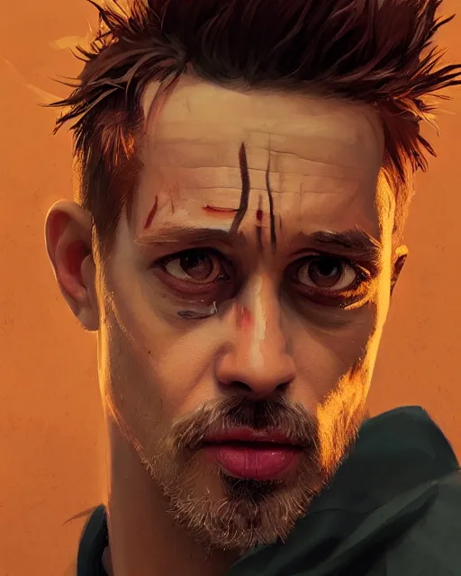 Image similar to painting portrait of Hobbes dressed as Tyler Durden in Star Fight Club, sharp focus, waist up, trending on ArtStation, masterpiece, by Greg Rutkowski, by Ross Tran, by Fenghua Zhong, octane, clear eyes, soft render, clear facial features, oil on canvas, moody lighting, cinematic, professional environment concept art