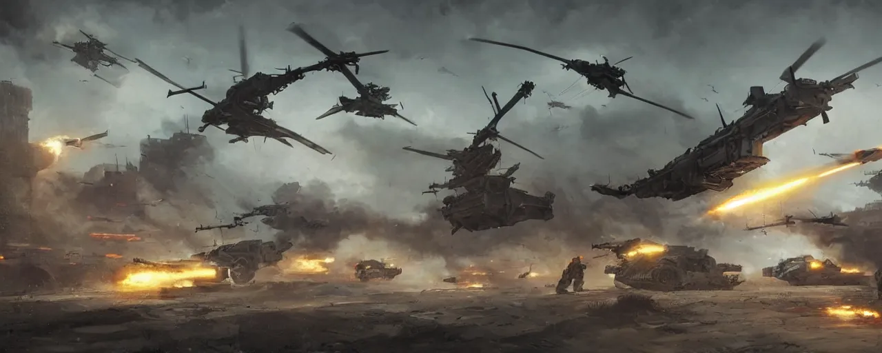 Image similar to a futuristic cyberpunk helicopter in war scene, tank combat in the battlefield, epic scene, by greg rutkowski