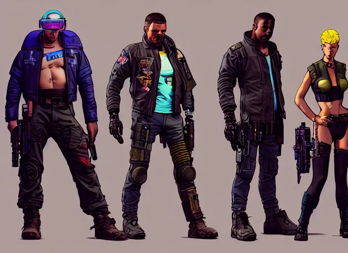 Image similar to cyberpunk mercenary team. portrait by stonehouse and mœbius and will eisner and gil elvgren and pixar. character design. realistic proportions. cyberpunk 2 0 7 7 character art, blade runner 2 0 4 9 concept art. cel shading. attractive face. thick lines. the team. diverse characters. artstationhq.