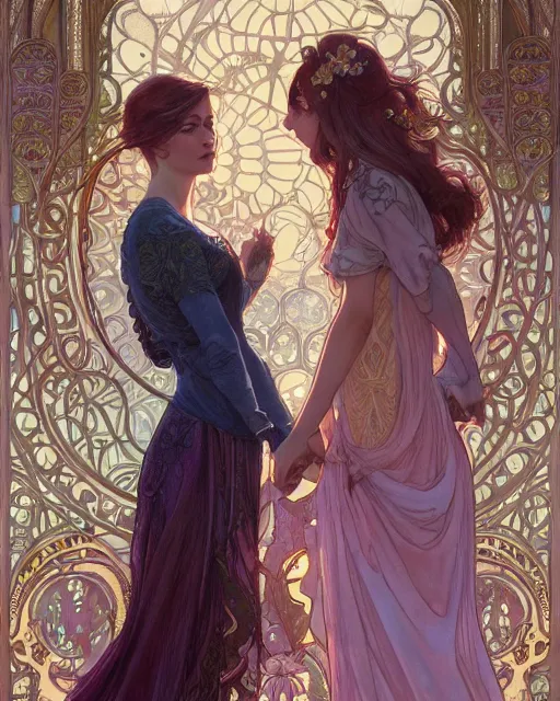 Image similar to secret romance, highly detailed, very intricate, art nouveau, gold filigree, romantic storybook fantasy, soft cinematic lighting, award - winning, disney concept art watercolor illustration by mandy jurgens and alphonse mucha and alena aenami, pastel color palette, featured on artstation